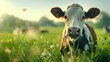 A funny cow in a green summer meadow. generative ai