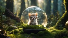 Highly Intricately Detailed  Photograph Of  Beautiful Cute Little One Month Old Kitten Meowing  In A Crystal Ball