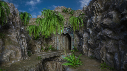 Poster - Stone bridge leading to an old fantasy cave entrance in a mountain. 3D render.