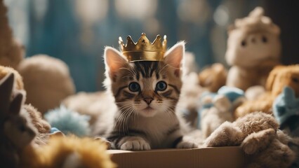Wall Mural - A playful kitten with a comical crown slightly askew, holding court over a group of stuffed animals