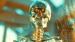 In cinematic brilliance, a human skeleton crafted from glass shines under overhead light, its vivid colors contrasting dramatically, evoking a haunting and surreal scream.