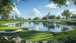 A panoramic view of a challenging golf hole, with bunkers and water hazards strategically placed, inviting skill and strategy.