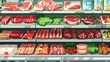 Meat grocery cartoon on supermarket shelfs background wallpaper concept
