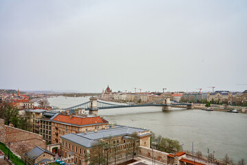 Poster - Panoramic view on skyline of Budapest city with Chain Bridge along Danube River. Architecture of capital of Hungary with historical buildings and famous landmarks