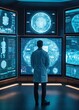 A doctor in the center of the room looks around at floating screens showing artificial intelligence services. cancer research