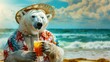 Polar bear in hat drinking juice and relax background wallpaper concept