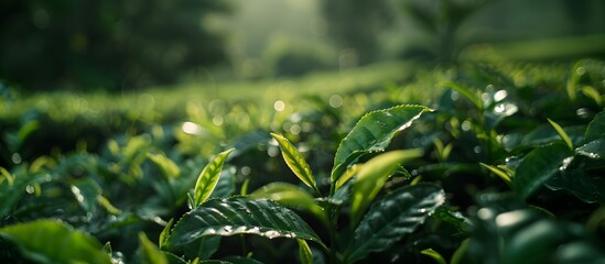 Tea leaf close up in the tea plantation, sunny fresh field nature background with copy space for text banner wallpaper, advertisement International Tea Day 