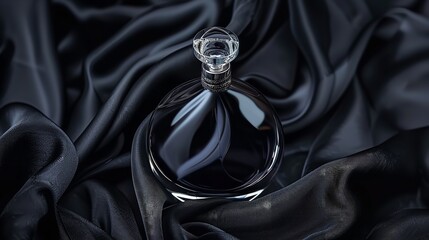 Black fabric backdrop with an abstract black perfume bottle, Generative AI.