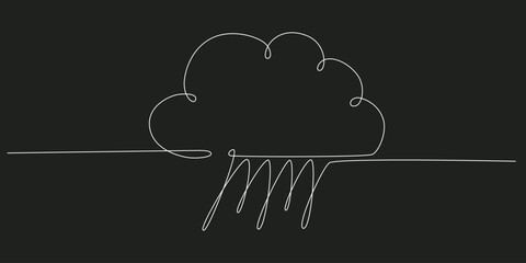 Wall Mural - Rain and cloud - hand drawing one single continuous line banner. Vector stock illustration isolated on black background for design template weather forecast, travel blog.