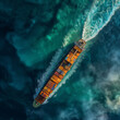 Aerial top view container ship full speed with beautiful wave pattern for logistics, import export, shipping or transportation