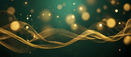 Abstract blur bokeh banner background. Gold bokeh on a defocused emerald green background
