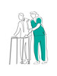 Hand drawn line art vector of Hospice care. Nurse and patients concept. Hospital care for elderly and patients in recovery.