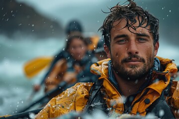 rafting on a large boat on a mountain river. Group of men and women in water raft through challenging rapids, working together as a team for an extreme sport adventure