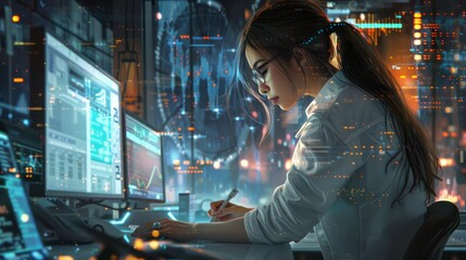 Poster - une femme en train d'analyser les finance d'une entreprise. hyper realistic