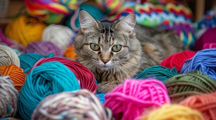 Wall Mural - Amidst a sea of vibrant yarn, a tabby cat finds solace on a crafting table, its serene demeanor juxtaposed against the colorful chaos