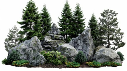 Wall Mural - rock surrounded by fir trees. on white background generative ai