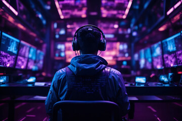 Cyberpunk hacker in futuristic setting in a room full of screens and innovative technology, man programmer, system administrator working in cyber security office in neon light, back view. 