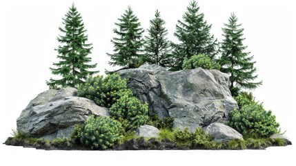 Wall Mural - rock surrounded by fir trees. on white background generative ai