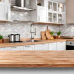 Photo wood table top on blur kitchen counter background for montage product display. Generated AI
