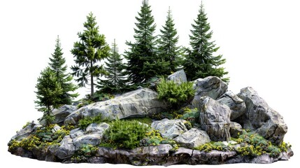 Wall Mural - rock surrounded by fir trees. on white background generative ai