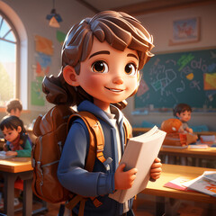 Kindergarten child with book in preschool school classroom for early education lecture concept poly cartoon style