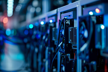 Poster - close-up of a cryptocurrency mining farm. The farm is large and efficient, and there are other farms in the background