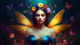 Fototapeta  - Fantasy artwork of ethereal, jewel-toned vision of a delicate, fairy-like girl against vibrant background of blooming flowers and kaleidoscopic butterflies