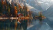 The photo portrays a captivating retreat, with a small and inviting cabin perched on the edge of a picturesque mountain lake, providing a haven of peace and relaxation.