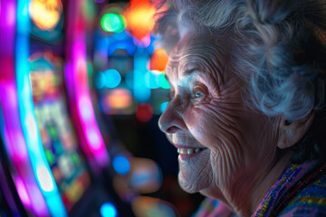 A close-up of a happy senior woman at a casino, her face glowing with excitement as she watches the spinning reels of a slot machine.