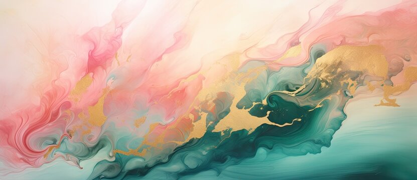Abstract background of acrylic paints in pink, blue and yellow colors.