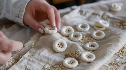 Wall Mural - Making linen buttons at home, Generative AI.