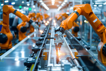 Poster - A factory with robots working on a conveyor belt