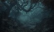 Craft a haunting forest landscape view at eye level with a grunge effect using digital rendering techniques Showcase twisted branches, decaying leaves, and misty atmosphere to convey a dark, mysteriou