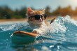 Cat surfing on a wave , on ocean sea on summer vacation holidays, with cool sunglasses