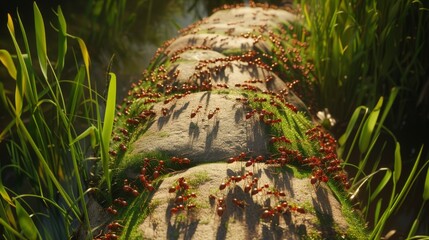 Wall Mural - An overhead view of ants diligently constructing a bridge using blades of grass and small rocks, their collective effort resulting in a beautifully structured pathway across their habitat