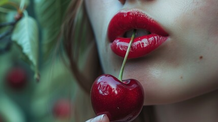 Wall Mural - a young woman with red lips eating cherries.