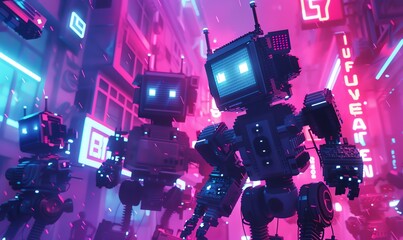 Poster - Craft a pixel art masterpiece featuring dynamic, retro-inspired Futuristic Robots in a low-angle setting Utilize vibrant colors, blocky shapes, and intricate pixelated details to create a visually app