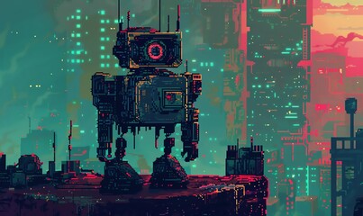 Poster - Craft a pixel art masterpiece featuring dynamic, retro-inspired Futuristic Robots in a low-angle setting Utilize vibrant colors, blocky shapes, and intricate pixelated details to create a visually app