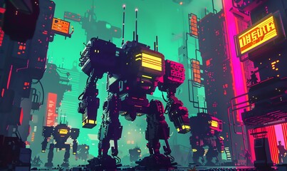 Poster - Craft a pixel art masterpiece featuring dynamic, retro-inspired Futuristic Robots in a low-angle setting Utilize vibrant colors, blocky shapes, and intricate pixelated details to create a visually app