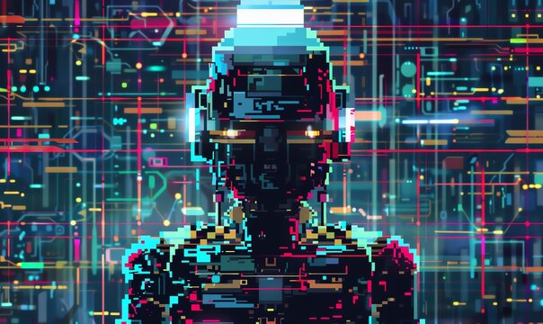 Craft a pixel art representation of a pixelated robot from the rear view, utilizing vibrant colors and sharp lines to convey a sense of modernity within a retro-inspired aesthetic