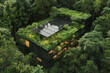 A building with a green roof and lots of trees surrounding it