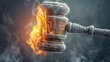 Icy gavel ablaze amidst smoke and fire - A thought-provoking image depicting a frozen gavel caught in a fiery blaze, representing the clash of justice