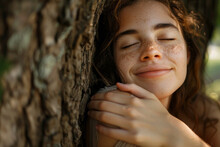 A Woman Is Hugging A Tree Trunk And Smiling