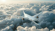 A futuristic hydrogen powered airplane flying above the clouds representing the next generation of sustainable air travel