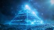 Futuristic blue pyramid in a cosmic environment - This image captures a futuristic pyramid glowing in a cool blue hue, set against a cosmic backdrop conveying a sense of mystery and discovery