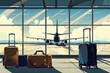 Visual concept of suitcases in an airport terminal waiting area, with an airplane in the background. This illustration symbolizes the idea of a summer vacation tourist journey trip.