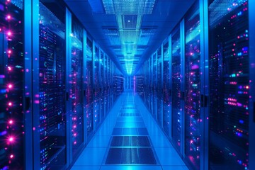 Poster - multiple rows of servers in operation in a large data center, with blinking lights and cables connec