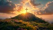 Solitary cross atop a serene hill, bathed in the golden glow of an Easter sunrise, signifying renewal