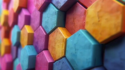 Wall Mural - Colorful, 3D-rendered clay hexagons assembling an abstract, futuristic canvas