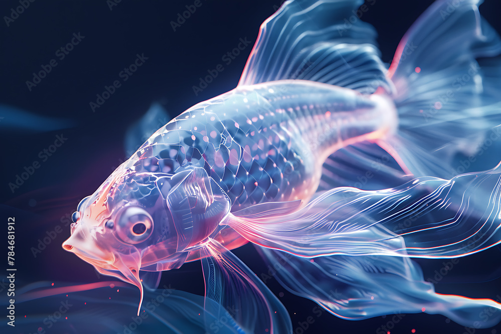 Fish Drawing Digital Intricate wireframe-based visualization of a fish set against a glowing ...
